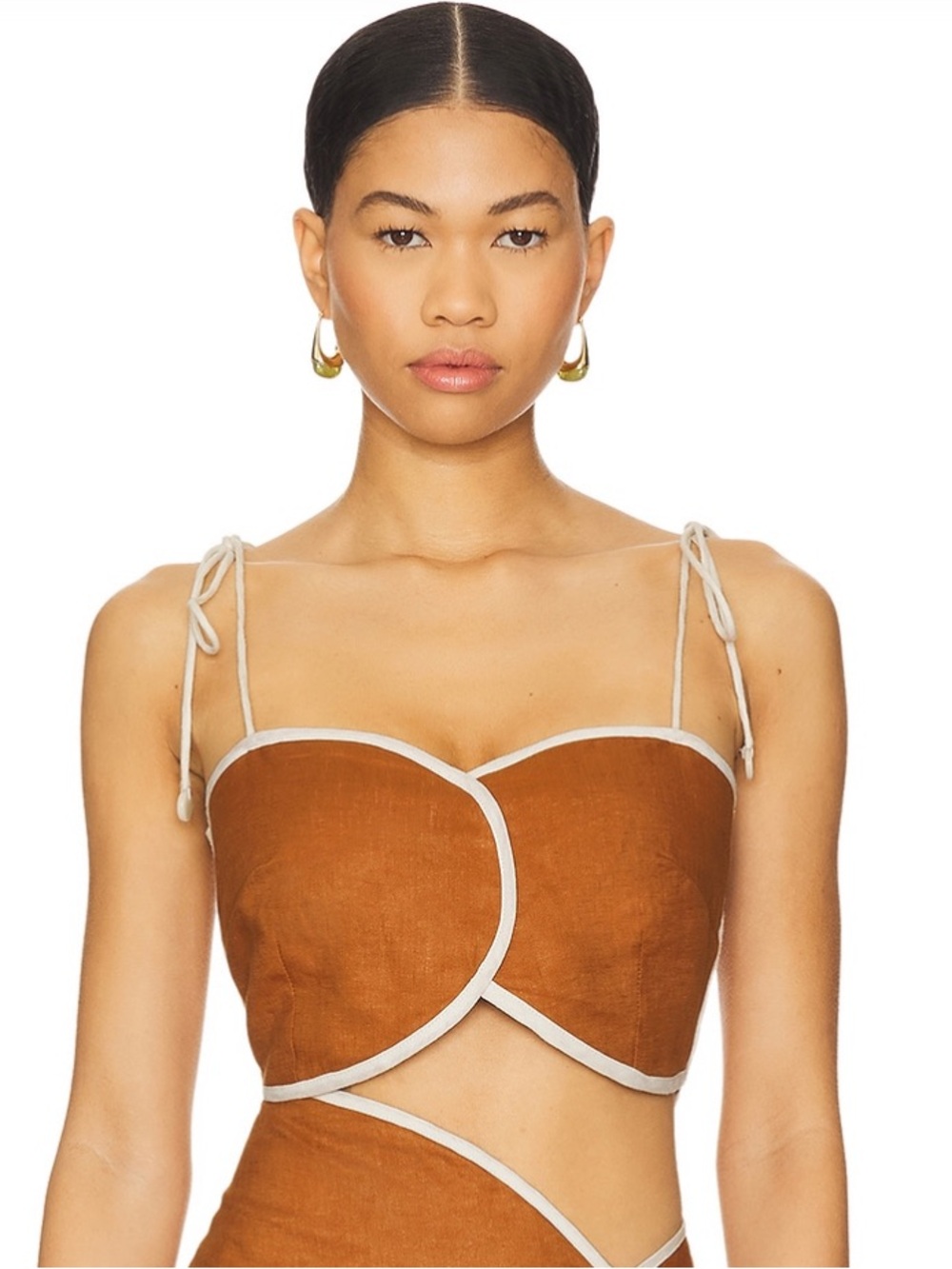 Azulu Women's Brown Linen Tie-Shoulder Crop Top with Contrast Trim